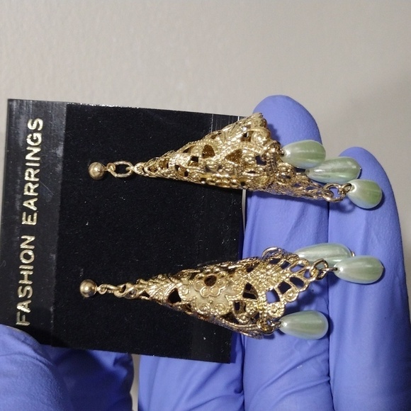 Women's Gold-tone Filigree Cone Shape Design Beaded Drop Dangle Earrings, #3 - Picture 4 of 5